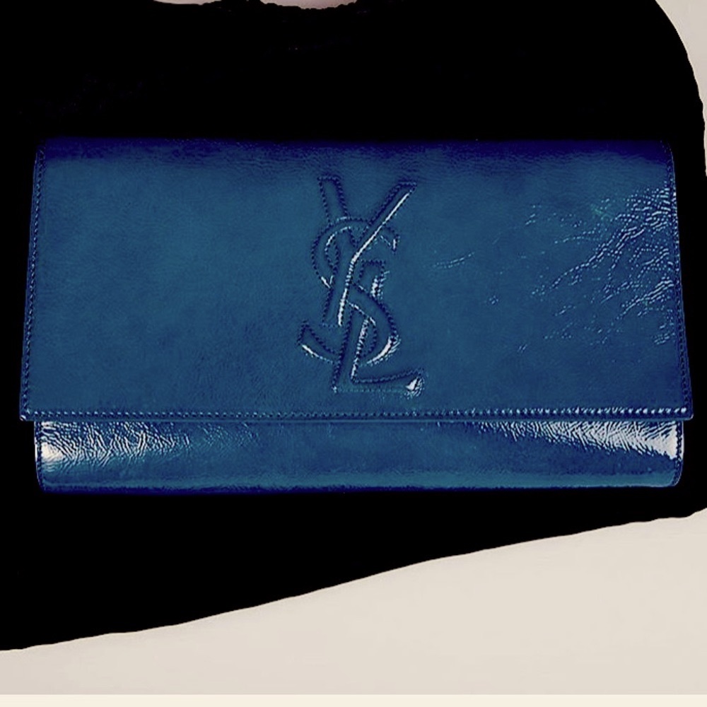 YSL Belle De Jour Patton dark teal patent leather clutch